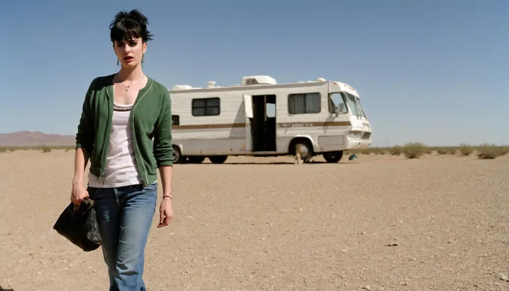 movie still of (ohwx woman) <lora:ritter_lora_sdxl_v1-000007:1> dressed like a junky in the TV series Breaking Bad, in the desert, Breaking Bad beige 1986 Fleetwood Bounder motorhome , depth of field, zeiss lens, detailed, great composition, centered,8 k resolution, extremely detailed, cinematic coulometry, artistic