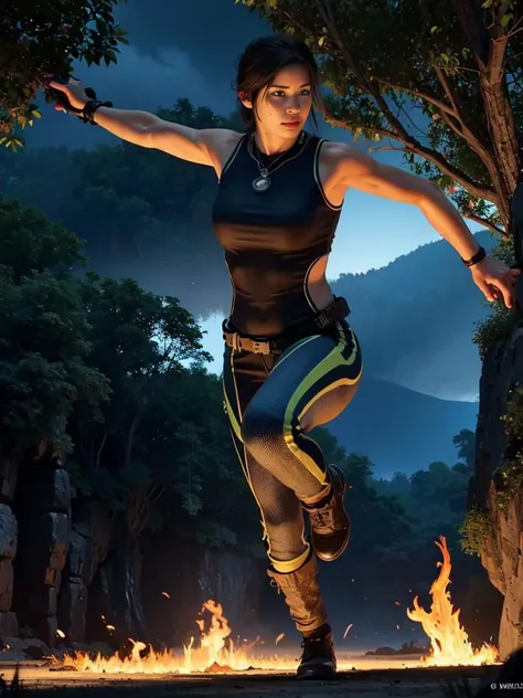splash art, face A full-body portrait of a beautiful lara croft dive in the air jump to catch your motocross, Background the Amazon jungle with a river at sunset, neon jungle on fire background, hyper realistic, hyper details, 4k, digital art made of colours, big dust cloud, splash style of colourful paint, hyperdetailed intricately detailed, fantastical, intricate detail, splash screen, complementary colours, fantasy, concept art, 8k resolution, DeviantArt masterpiece cell shaded, dynamic lighting, portrait, DDIM, WLOP, volumetric lighting, realistic, cinematic, 4k, cinematic lighting, depth of field, masterpiece, perfect, hyper-detailed, hard lighting, intricate details, stop motion, hyperfocus, tonemapping, sharp focus, hyper detailed, global illumination, detailed and intricate environmen, cinematic, 4k, epic Steven Spielberg still, sharp focus, emitting diodes, smoke, artillery, sparks, racks, system unit, motherboard, by pascal blanche rutkowski repin artstation hyperrealism painting concept art of detailed character design matte painting, 4 k resolution blade runner <lora:Lara_Croft_SotTR_v11:0.7>
