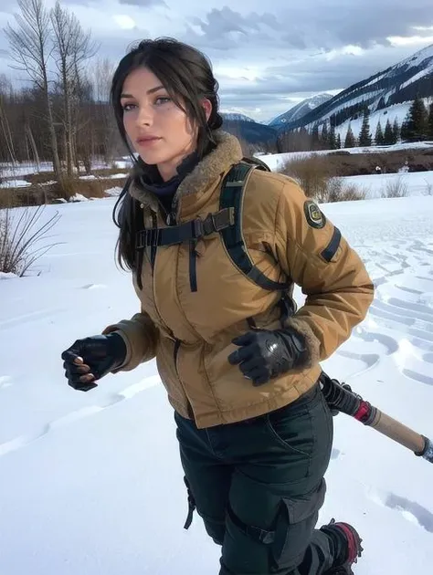 Lara Croft, in snowy landscape, hiking, warm clothes, winter, storm, clouds, (8k, RAW photo, best quality, masterpiece:1.2),ultra-detailed, (high detailed skin:1.2), 8k uhd, dslr, soft lighting, high quality, (8k, RAW photo, best quality, masterpiece:1.2),ultra-detailed, (high detailed skin:1.2), 8k uhd, dslr, soft lighting, high quality, <lora:Lara_Croft_SotTR_v11:0.8>