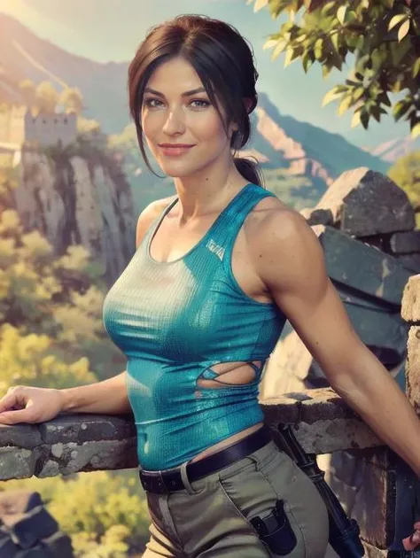 Lara Croft, standing on great wall of china, turquoise tank top, beige hot pants, abs, smiling at viewer, portrait, sunshine,    (8k, RAW photo, best quality, masterpiece:1.2),ultra-detailed, (high detailed skin:1.2), 8k uhd, dslr, soft lighting, high quality, <lora:projectile_cum_v0.2:1> (8k, RAW photo, best quality, masterpiece:1.2),ultra-detailed, (high detailed skin:1.2), 8k uhd, dslr, soft lighting, high quality,  <lora:Lara_Croft_SotTR_v11:0.8>