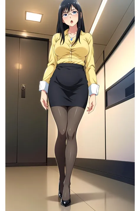 ((masterpiece)),((best quality)),ultra-detailed,illustratio,Explicit,nsfw,Beautiful body,Beautiful Nose,Beautiful character design,perfect eyes,perfect face,wallpaper,ultra highres,
4K,photography,(Beautiful, large breasts),(beautiful face:1.2),(beautiful legs, perfect legs),full body,shiny skin,anime screencap,(narrow waist),Hinohara Haruka,1girl,solo,glasses,pantyhose,skirt,long hair,black hair,breasts,pencil skirt,large breasts,blue eyes,blush,office lady,teacher,shirt,full body,looking at viewer,:o,high heels,miniskirt,hair ribbon,black pantyhose,ribbon,yellow shirt,standing,shoes,necklace,black footwear,open mouth,black skirt,dress shirt,long sleeves,jewelry,<lora:Hinohara Haruka:0.7>,NSFW,indoor,office,table,