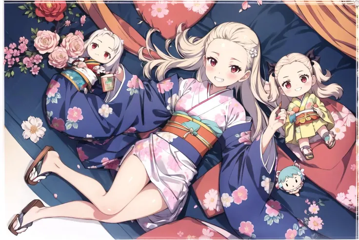 <lora:TsugumomoStyle-09:0.6> Tsugumomo, flat_color, shiny_skin, shiny,
1girl, japanese_clothes,border, kimono, smile, red_eyes, solo, grin, nail_polish, sash, character_doll, obi, tabi, looking_at_viewer, sandals, long_hair, doll, floral_print, full_body, blush, hair_ornament, white_kimono, socks, wide_sleeves, fingernails, stuffed_toy, teeth, print_kimono, long_sleeves, aqua_nails, zouri, hands_up, floating_hair, bangs, platinum_blonde_hair, pink_kimono, geta, ribbon, hair_bobbles, lying, forehead, yukata, furisode,hair_tie, sidelocks,tied_hair, open_mouth, object_hug, :d, sharp_fingernails, stuffed_animal, knees_up, toenails, bow, (masterpiece:1.3), (best_quality:1.3), (ultra_detailed:1.3), 8k, extremely_clear,, insane details, intricate details, hyperdetailed, ultra detailed, extreme detailed, highest detailed, high_detail, colorful, beautiful, hdr, photorealistic, highres, ultra_high_res, photography, aesthetic, extremely_delicate,
