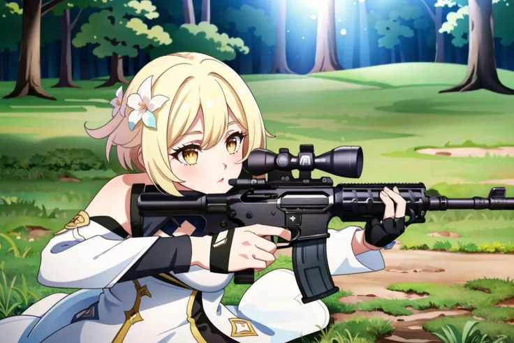 masterpiece, best quality,beautiful background, 1girl, m4a1, lumine \(genshin impact\), default_dress, rifle, trigger discipline, forest background <lora:lumineGenshinImpact_lumineGenshinImpact:0.8> <lora:m4a1AssaultRifleLORA_v10:0.8>