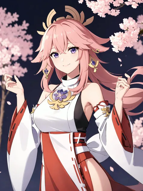 masterpiece, best quality, 1girl, solo, upper body, genshin impact, yae miko, 1girl, animal ears, branch, breasts, cherry blossoms, closed mouth, cowboy shot, earrings, flower, fox ears, japanese clothes, jewelry, long hair, looking at viewer, medium breasts, nontraditional miko, outdoors, flower, ribbon-trimmed sleeves, ribbon trim, sidelocks, smile, solo, wide sleeves, dynamic pose, <lora:yaeMikoRealistic_yaemikoFull:0.6:MIDD>, night, <lora:animemix_16:1>