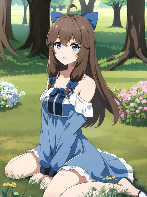 masterpiece, best quality, 1girl, cowboy shot, delicate eyes, looking at viewer, <lora:jiaranV24:0.8:MIDD>, jiaran, ahoge, brown hair, blue hair bow, blue eyes, white dress, meadow, tree, sitting, tree, hands between legs, bare shoulders, off shoulder, v arms, wariza, dynamic angle, light smile, perspective, depth of field, pov hugging, parted lips, small breasts, <lora:animemix_16:1>