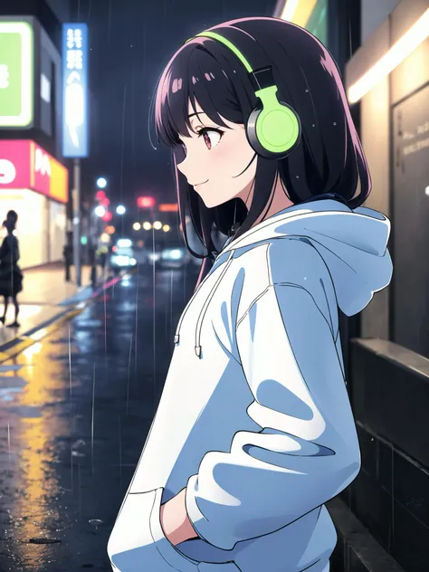masterpiece,1girl,solo,incredibly absurdres,hoodie,headphones, street,outdoors,rain,neon lights, light smile, hood up, hands in pockets, looking away, from side, <lora:animemix_16:1>