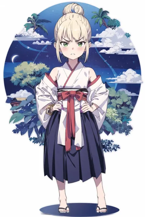 <lora:TsugumomoStyle-09:0.6> Tsugumomo, flat_color, shiny_skin, shiny,
1girl, solo, barefoot, purple_hair, hands_on_hips, skirt, teeth, multicolored_hair, full_body, looking_at_viewer, standing, nail_polish, simple_background, pleated_skirt, sleeveless, white_background, purple_nails, clenched_teeth, blonde_hair, toenails, short_hair, chibi, green_eyes, toenail_polish, hair_bun, japanese_clothes, bare_shoulders, bare_legs, sash, two-tone_hair, white_kimono, kimono, bracelet, angry, obi, toes, bangs, blush, bare_arms, sidelocks, v-shaped_eyebrows, sharp_teeth, feet, sanpaku, dress, legs_apart, pigeon-toed, fingernails, frown, parted_lips, scowl, thick_eyebrows, high_ponytail, transparent_background, younger, glaring, flat_chest, tied_hair, white_shirt, shirt, short_eyebrows, hakama, tsurime, hakama_skirt, furrowed_brow, blunt_bangs, legs, (masterpiece:1.3), (best_quality:1.3), (ultra_detailed:1.3), 8k, extremely_clear,, insane details, intricate details, hyperdetailed, ultra detailed, extreme detailed, highest detailed, high_detail, colorful, beautiful, hdr, photorealistic, highres, ultra_high_res, photography, aesthetic, extremely_delicate,