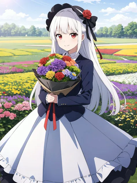 masterpiece, best quality, 1girl, solo, long_hair, looking_at_viewer, white hair, red eyes, smile, bangs, skirt, shirt, long_sleeves, hat, dress, bow, holding, closed_mouth, flower, frills, hair_flower, petals, bouquet, holding_flower, center_frills, bonnet, holding_bouquet, flower field, flower field, colorful, <lora:animemix_16:1>