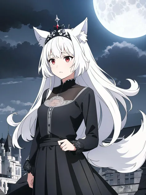 best quality, extremely detailed CG unity 8k,close up, illustration, depth of field,cowboy shot,the character is centered,symmetrical composition, (1 girl),red eyes,Wolf tail,Wolf ears,Very long hair ,Messy hair,disheveled hair, ,(beautiful detailed eyes),(Crown:1.1),pleated dress,puffy long sleeves, (moon:1.2), ((The black clouds)),(((flowing transparent black))),(floating black cloud:1.2),building architecture, depth of field,castle,black and white melt, <lora:animemix_16:1>