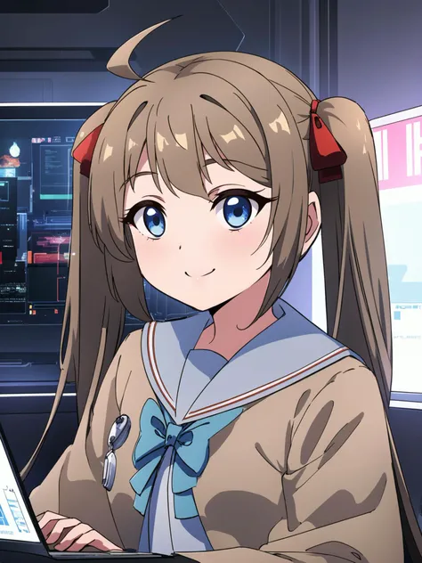 masterpiece, best quality, 1girl, solo, brown hair, long hair, twintails, blue eyes, sailor collar, <lora:neurosamaV2:1:MIDD>, smile, school uniform, computer, cyberpunk, screen, <lora:animemix_16:1>