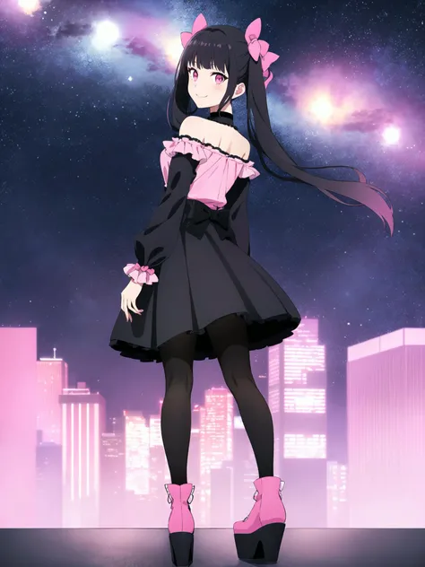 masterpiece, best quality, 1girl, solo, long_hair, from top, light smile, panorama, perspective, looking_at_viewer, bangs, skirt, shirt, black_hair, long_sleeves, bow, ribbon, twintails, hair_bow, heart, pantyhose, frills, shoes, choker, blunt_bangs, black_skirt, pink_eyes, frilled_skirt, pink_bow, platform_footwear, pink_theme, jirai_kei, full body, night, street, from behind, looking back, skyscraper, neon trim, panorama, perspective, starry sky, black theme, dark, shadow, <lora:animemix_16:1>