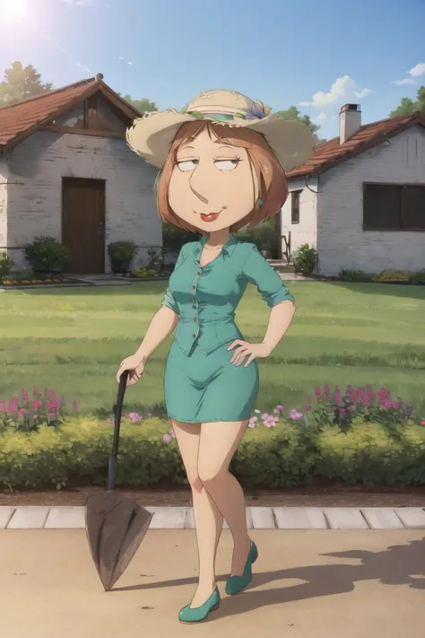 <lora:loisGriffin_v10:0.8> lois griffin, garden, gardening, holding_shovel, sun_hat, sunlight, sun, house, outdoors,, (masterpiece:1.2), (best_quality:1.2), (ultra_detailed:1.3), 8k, extremely_clear, realism, (ultrarealistic:1.3),, seductive_smile,