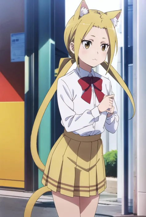 1girl, short girl, suzu hagimura, <lora:suzu:0.8> , girl outfit, cat ears, cat tail, :3, cat paws,