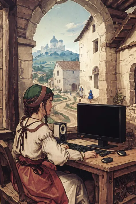 <lora:Stalenh4g:0.5>,in the foreground a villager is using a gaming computer inside a peasant house,behind the villager is a window and visible through the window there are people riding horses in town,peasant villagers wearing renaissance clothing,<lora:Dur3r:1.1>,Dur3r style,(gaming computer monitor, keyboard (computer), cables, gaming rgb),