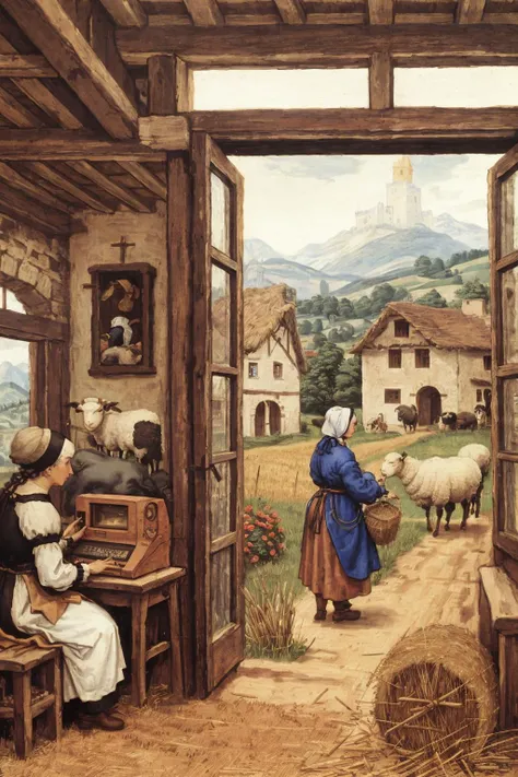 <lora:Stalenh4g:0.6>,in the foreground a man is using a retro computer in a renaissance peasant house and visible through the window are people riding horses in the town,((cathode ray tube computer monitor,keyboard (retro computer)),peasant villagers wearing renaissance clothing,,<lora:Dur3r:1.1>,,Dur3r style,(in the background a lady is shearing a sheep),bits of hay and straw grass scattered on the ground,