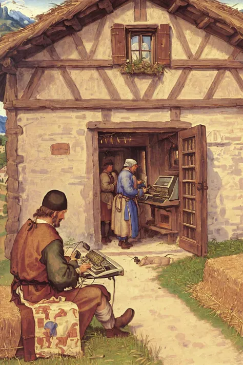 <lora:Stalenh4g:0.6>,(in the foreground a man is using a retro computer in a renaissance peasant house:1.4) and visible through the window are people riding horses in the town,cathode ray tube computer monitor,keyboard (retro computer),peasant villagers wearing renaissance clothing,<lora:Dur3r:1.1>,Dur3r style,bits of hay and straw grass scattered on the ground,