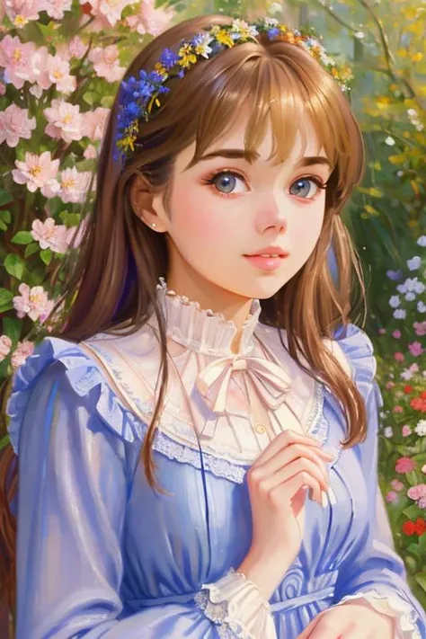 portrait of AM287_Keira_Blue,
woman weared blue long-sleeve high neck lace dress
in a city park, (many flowers:1.2),
soft light, golden hour, upper body, (close up:1.2), oil painting, by raphael santi
