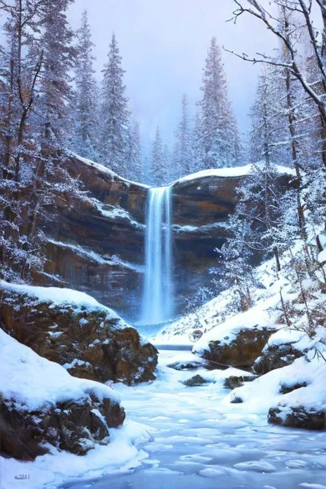 a hyper-detailed 3d render painting of snowy winter waterfalls in nature, witnessing itself through all consciousness, surrealism! surreal concept art, lifelike, photorealistic, digital painting, aesthetic, smooth, sharp focus, artstation hd, by Jack Vettriano, bruce pennington, valentina remenar and asher duran