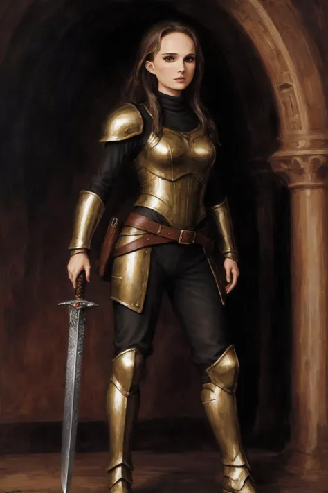 picture of Natalie Portman, full body, oil painting style, oil painting, elf, fantasy, masculine armor, leather pants, warrior, silver sword, <lora:Natalie_Portman:0.6>