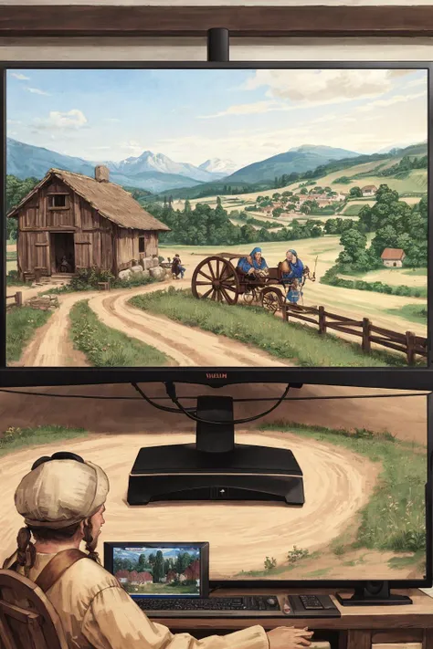 <lora:Stalenh4g:0.6>,horse pulling a wagon,trail through a farmland,villager using a gaming computer on a wagon,(computer,gaming monitor,keyboard (computer)),renaissance peasant village,<lora:Dur3r:0.8>,Dur3r style,