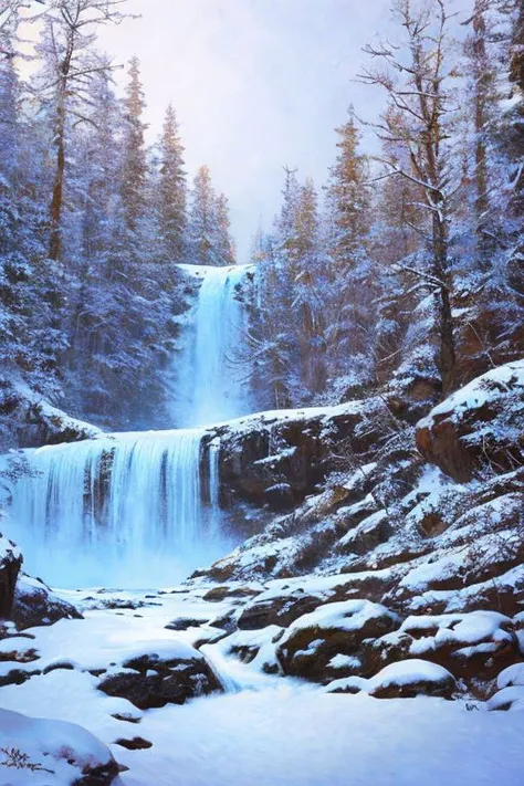 a hyper-detailed 3d render painting of snowy winter waterfalls in nature, witnessing itself through all consciousness, surrealism! surreal concept art, lifelike, photorealistic, digital painting, aesthetic, smooth, sharp focus, artstation hd, by Jack Vettriano, bruce pennington, valentina remenar and asher duran