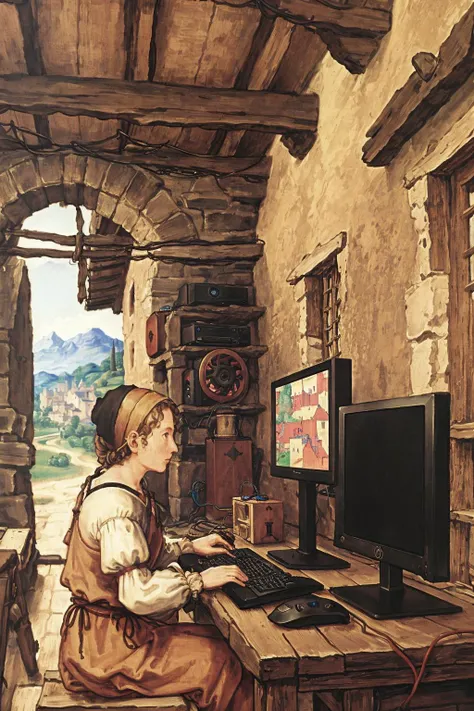 <lora:Stalenh4g:0.5>,in the foreground a villager is using a gaming computer inside a peasant house,peasant villagers wearing renaissance clothing,<lora:Dur3r:1.1>,Dur3r style,(gaming computer monitor, keyboard (computer), cables, gaming rgb),horses,castle in the distance,
