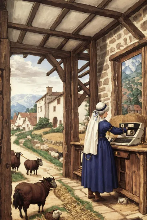 <lora:Stalenh4g:0.6>,in the foreground a man is using a retro computer in a renaissance peasant house and visible through the window are people riding horses in the town,((cathode ray tube computer monitor,keyboard (retro computer)),peasant villagers wearing renaissance clothing,,<lora:Dur3r:1.1>,,Dur3r style,(in the background a lady is shearing a sheep),bits of hay and straw grass scattered on the ground,