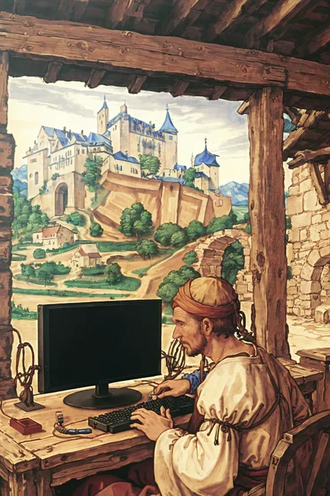 <lora:Stalenh4g:0.5>,in the foreground a villager is using a gaming computer inside a peasant house,peasant villagers wearing renaissance clothing,<lora:Dur3r:1.1>,Dur3r style,(gaming computer monitor, keyboard (computer), cables, gaming rgb),horses,castle in the distance,