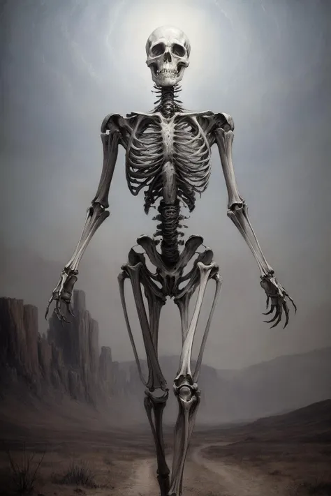 A monumental giant skeleton casts an eerie and haunting presence in a desolate wasteland of muted grays and soft, dusty hues. Its towering form stands against a darkened sky, highlighted by a spectral glow emanating from within. The skeleton's weathered bones exude a sense of age and mystery, with intricate details etched upon its surface. Wisps of ethereal smoke curl around its skeletal frame, hinting at the remnants of a forgotten past
((((oil painting style, oil painting)))),
(realistic eyes, realistic eye proportions, sharp focus, 32k, realistic lighting, extreme details, realistic pupils, realistic proportion eyes, realistic proportions pupils, realistic shadows, Rembrant style)
<lora:add_detail:0.8>