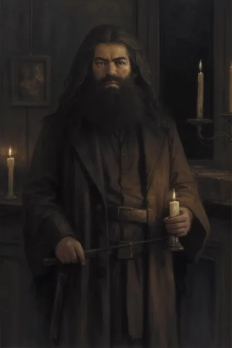 oil painting of a man with beard and long hair, messy beard, wearing brown coat, black cloak, angry face, expressive emotions, standing in the room, old house, rusty materials, lantern, candles, detailed painting, hyper realistic, imperfect skin, <lora:hagrid:0.7>, <lora:low_ra:0.6>