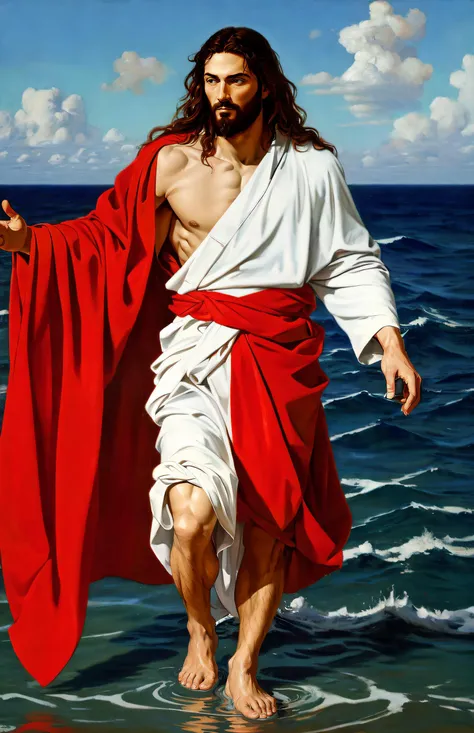 (masterpiece:1.0), (best quality:1.4), (ultra highres:1.2), (photorealistic:1.4), (8k, RAW photo:1.2), professional lighting, photon mapping, radiosity, physically-based rendering, masterpiece, best quality, ultra-detailed, illustration, (ocean, sea:1.2), solo, 1boy, handsome face, (muscular male:0.1), <lora:Modestyquickfix:0.1>, full body, (Jesus Christ), caravaggio, (jesus walking on water:1.2), (barefoot:1.1), oil painting \(medium\), (white robe:1.15), (red robe:0.1),