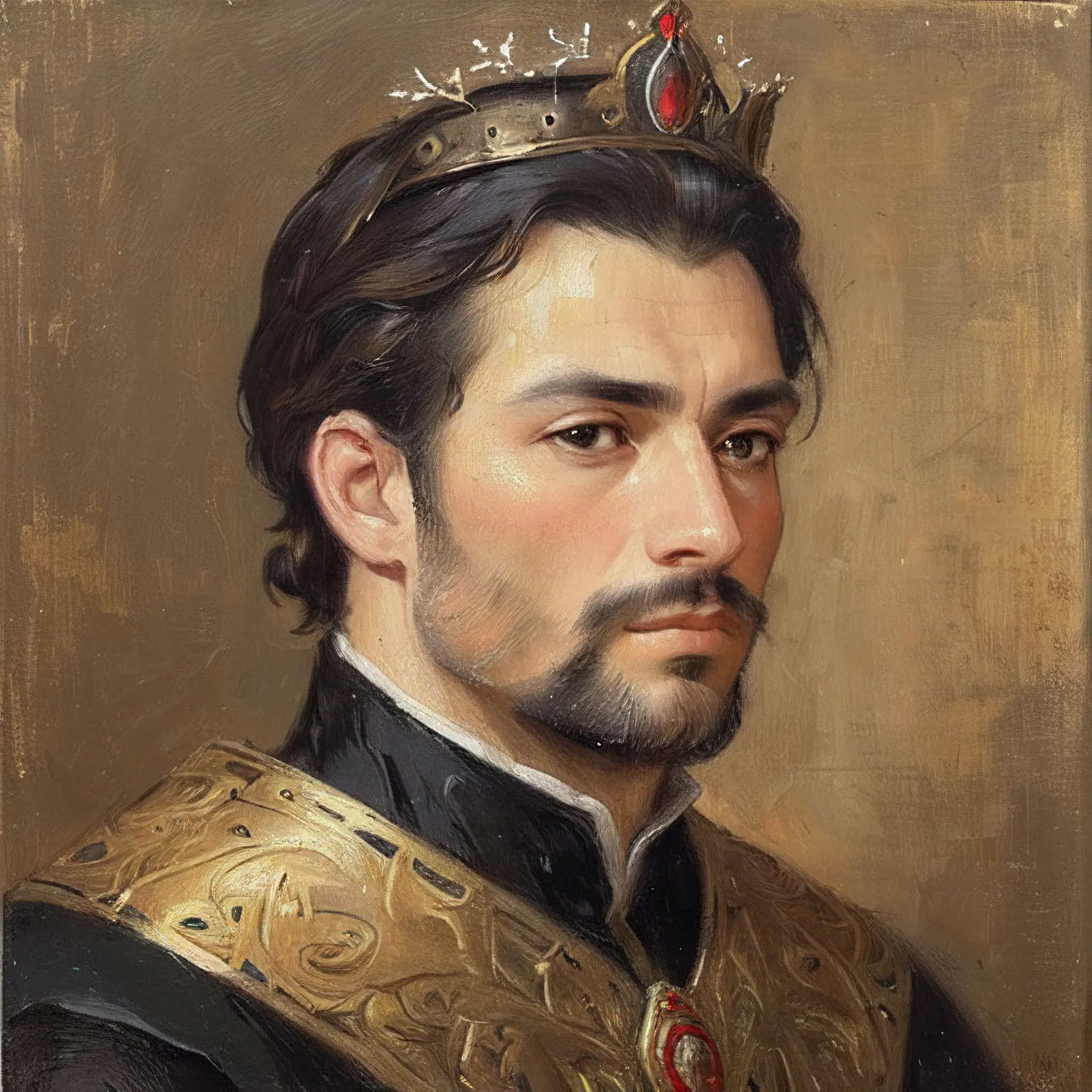 (masterpiece, best quality, ultra-detailed, best shadow), (detailed background, portrait, side view, medieval portrait, oil painting style, oil painting, looking at viewer, renaissance painting, expressionless), (handsome detailed face, masculine features, mature face, strong jawline), (best illumination), ((cinematic light)), colorful, hyper detail, dramatic light, intricate details, (man named Youssef, dark-skinned male, beard, brown eyes, short black hair, crown, royal, emperor)