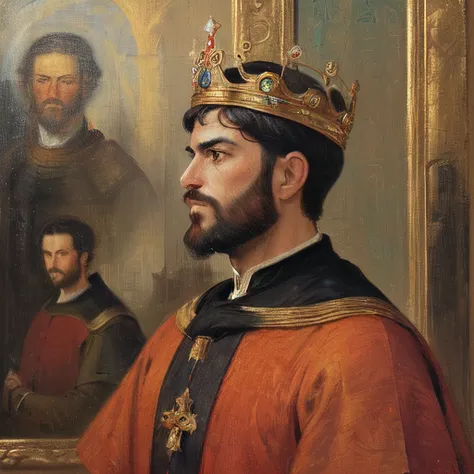 (masterpiece, best quality, ultra-detailed, best shadow), (detailed background, portrait, side view, medieval portrait, oil painting style, oil painting, looking at viewer, renaissance painting, expressionless), (handsome detailed face, masculine features, mature face, strong jawline), (best illumination), ((cinematic light)), colorful, hyper detail, dramatic light, intricate details, (man named Youssef, dark-skinned male, beard, brown eyes, short black hair, crown, royal, emperor)