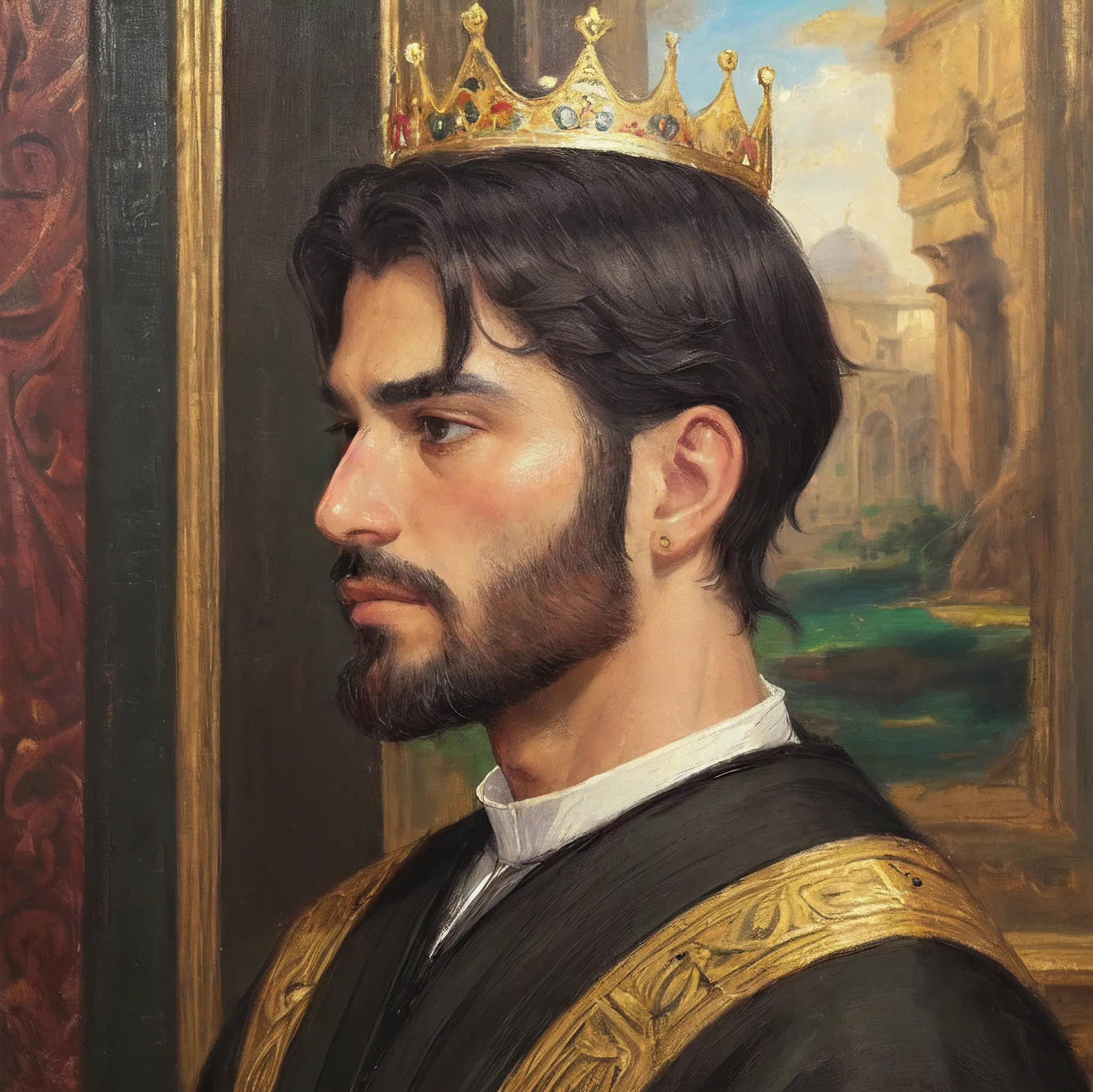 (masterpiece, best quality, ultra-detailed, best shadow), (detailed background, portrait, side view, medieval portrait, oil painting style, oil painting, looking at viewer, renaissance painting, expressionless), (handsome detailed face, masculine features, mature face, strong jawline), (best illumination), ((cinematic light)), colorful, hyper detail, dramatic light, intricate details, (man named Youssef, dark-skinned male, beard, brown eyes, short black hair, crown, royal, emperor)
