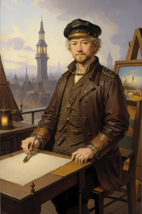 (oil painting style, oil painting, rembrandt, rembrandt style), portrait of portrait of 1 man, inventor working on a time machine, grey long pilot coat, pilot hat, gears, clockwork, steams, city landscape in background
victorian era, full of details, (detailed background), heavy shadows