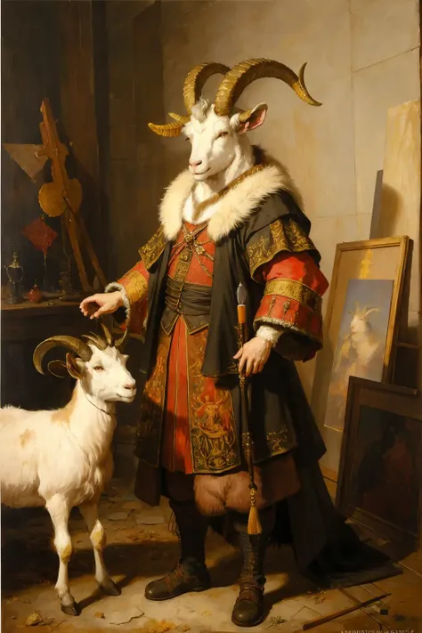 (oil painting style, dry brush, rembrandt, rembrandt style),   portrait of  a goat headed demon with big horns, strong beefy upper body, furs, animal legs, demonic robe, standing on a bloody ritual , medieval, dark room, dim light,
masterpiece, full of details, (detailed background), heavy shadows