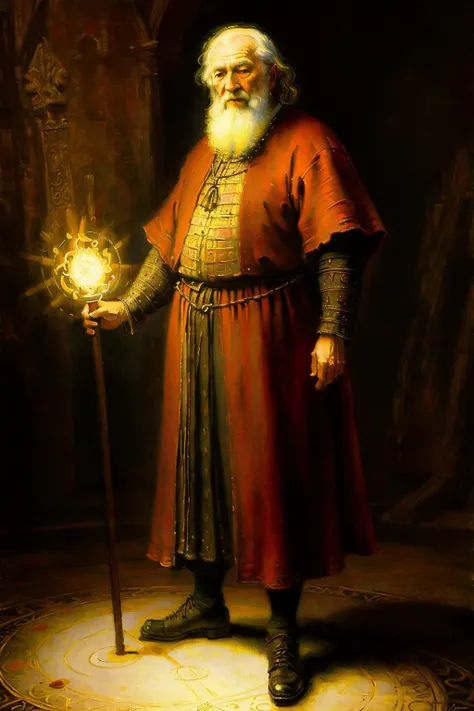 ((high quality, masterpiece:1.4)), old wizard standing in a magic circle with glowing energy, oil painting style, oil painting, medieval theme, fantasy, realistic proportions, dynamic pose, high details, intricate, intricate details, realistic lighting, extreme details, realistic pupils, realistic shadows, rembrandt, rembrandt style