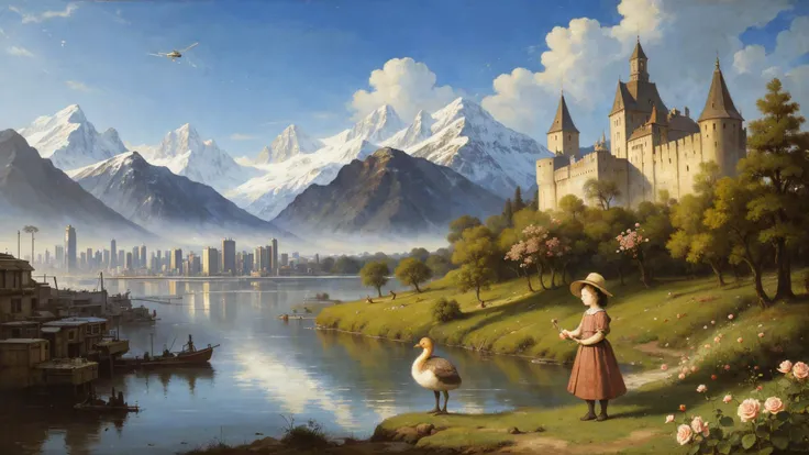 a surreal oil painting of a natural scenery, oil painting style, oil painting, rembrandt, rembrandt style, masterpiece, best quality
BREAK
helicopter
BREAK
clear blue sky
BREAK
mountains peaks in the background, (snowy mountain peaks)
BREAK
(magnificent medieval castle), (medieval)
BREAK
((modern cityscape, cyberpunk cityscape, skyscrapers, concrete buildings)), (cyberpunk, futuristic, sci-fi)
BREAK
shallow river with wild gooses, (wild gooses)
BREAK
a young Noble lady playing with her Dad in the wild rose meadow, (wild roses)