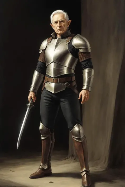 picture of older man, full body, calm pose, oil painting style, oil painting, elf, fantasy, masculine armor, leather pants, warrior