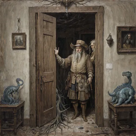 a close up portrait of a male landknt posing with a smug look on his face, thinking posture, holding beard with his hand, medieval bedroom in the background, looking at the camera, bold, proud, long hair, with a hat, mustache, beard, Hurricane, Art Deco, (Jake and Dinos Chapman,Ivan Albright,Roberto Matta:1.25), Weeping statues,Tangled roots,Door ajar, Unsettling,Desolation, (Simultaneous contrast:1.1), (Symmetry:1.1), (Grisaille:1.1), (Underwater light:1.2), Wood, Cube, ultra detailed, intricate, oil on canvas, dry brush, (surrealism:1.1), (disturbing:1.1), <lora:landknt:0.77>
