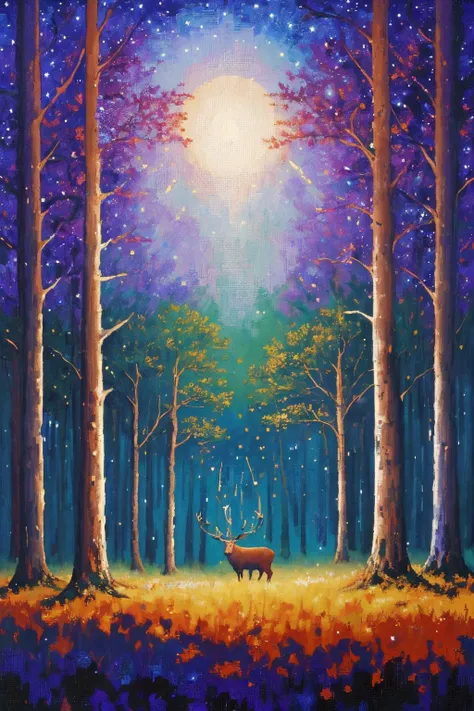((a fashion magazine cover)), a post modern art work of ((night forest, lone deer, lone doe, lone stag, lone moose, night sky)), ((large pixels, pixel art, pixelated image, pixelated CG, pixel rendering, hyper artistic style, high contrast, matte texture, muted colours, oil painting, oil panting style, masterpiece, best quality, close-ups)), (detailed hyper artistic background, ultra pixelated background, dreamy background, dreamy imagery, artistic background, abstract background), ((cinematic lighting, best shadows, rim lighting, two tone lighting, refined details))
