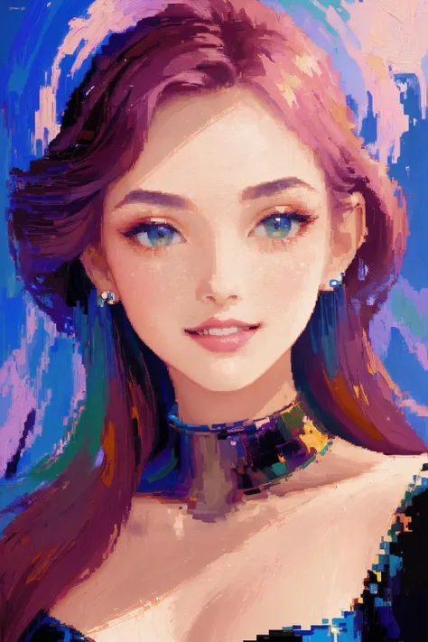 ((a fashion magazine cover)), a fashion magazine cover of ((a female model, compact body, ultra high-res face, high quality face, hyper detailed face, reflective iris, alluring gaze, mischievous smile, blushing, high quality mouth and teeth)), ((ideal body figure, compact body)), ((large pixels, pixel art, pixelated image, pixelated CG, pixel rendering, hyper artistic style, high contrast, matte texture, muted colours, oil painting, oil panting style, masterpiece, best quality, close-ups)), (detailed hyper artistic background, ultra pixelated background, dreamy background, dreamy imagery, artistic background, abstract background), ((cinematic lighting, best shadows, rim lighting, two tone lighting, refined details))