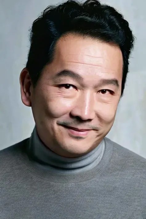 best quality, masterpiece,  Asian men,mole, solo, lips, grey_background, mole_under_eye, realistic, upper_body, looking_at_viewer, black_hair, brown_eyes, sweater, forehead, nose, turtleneck, old man, 65 yeas old,  <lora:liao_20230622142657:1>