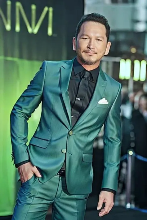 photo of (K34nuR33v3s-400:1), a men as a movie star, (medium closeup:1.4), (face focus:1.2), modelshoot style, (extremely detailed CG unity 8k wallpaper), Intricate, High Detail, Sharp focus, dramatic, ((movie premiere gala)), ((standing on the red carpet)), ((paparazzi in the background)), (looking at viewer), (detailed pupils:1.2), (elegant green suit:1.3), (dimly lit) <lora:liao_20230622142657:1>