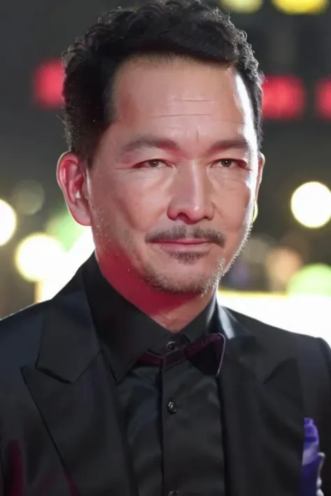 a men as movie star, (medium closeup:1.4), (face focus:1.2), modelshoot style, (extremely detailed CG unity 8k wallpaper), Intricate, High Detail, Sharp focus, dramatic, ((movie premiere gala)), ((standing on the red carpet)),(looking at viewer), (detailed pupils:1.2), (elegant black suit:1.3), (dimly lit) <lora:liao_20230622142657:1>