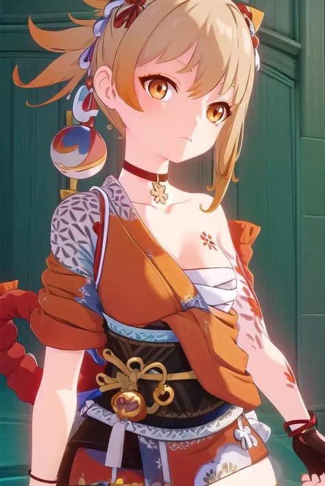 yoimiya, <lora:genshin yoimiya ingame-lora-nochekaiser:1>,
yoimiya, bangs, blonde hair, hair ornament, hair between eyes, ponytail, sidelocks, (orange eyes:1.3), light brown hair, smile,
BREAK thighhighs, gloves, jewelry, japanese clothes, choker, fingerless gloves, kimono, bracelet, sash, tattoo, bandages, obi, rope, asymmetrical legwear, pouch, sarashi, bandaged arm, red choker, arm tattoo, shimenawa, bandaged leg, chest tattoo, hadanugi dousa, orange kimono, single fingerless glove,
BREAK outdoors,
BREAK looking at viewer, (cowboy shot:1.5),
BREAK <lyco:GoodHands-beta2:1>, (masterpiece:1.2), best quality, high resolution, unity 8k wallpaper, (illustration:0.8), (beautiful detailed eyes:1.6), extremely detailed face, perfect lighting, extremely detailed CG, (perfect hands, perfect anatomy),