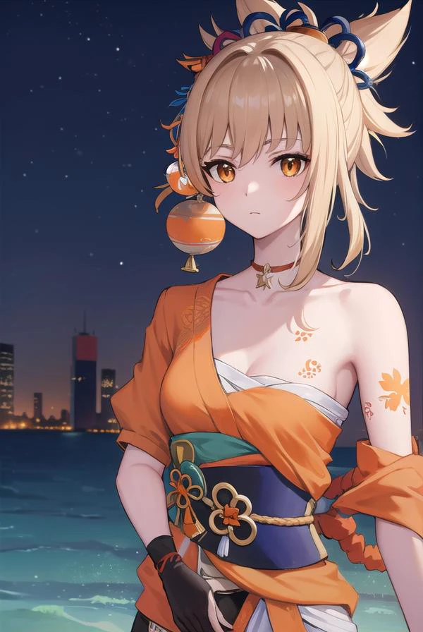 yoimiya, <lora:yoimiya-lora-nochekaiser:1>,
yoimiya, arm tattoo, choker, hair ornament, light brown hair, long hair, (orange eyes:1.5), red choker, sidelocks,
BREAK arm tattoo, bandaged arm, bandaged leg, bandages, bracelet, chest sarashi, chest tattoo, cleavage, collarbone, fingerless gloves, fish tattoo, gloves, hadanugi dousa, japanese clothes, jewelry, kimono, kinchaku, obi, orange kimono, rope, sarashi, sash, shimenawa, single fingerless glove, tattoo, vision (genshin impact), wide sleeves,
BREAK outdoors, night, fireworks, festival,
BREAK looking at viewer, (cowboy shot:1.5)
BREAK <lyco:GoodHands-beta2:1>, (masterpiece:1.2), best quality, high resolution, unity 8k wallpaper, (illustration:0.8), (beautiful detailed eyes:1.6), extremely detailed face, perfect lighting, extremely detailed CG, (perfect hands, perfect anatomy),