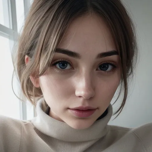 <lora:jennifervandamsel_sd15_512_128_64_v1:1> 1girl solo looking at viewer wearing a turtleneck sweater epiCRealism