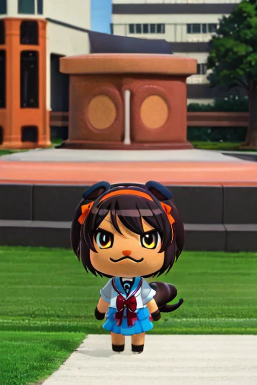 best quality, professional lighting, super detailed, realistic, beautiful detailed eyes, looking at viewer<lora:aca:1> furry, chibi, animal ears, tail, outdoor, <lora:12:0.5> suzumiya haruhi, kita high school uniform, ribbon, orange hairband