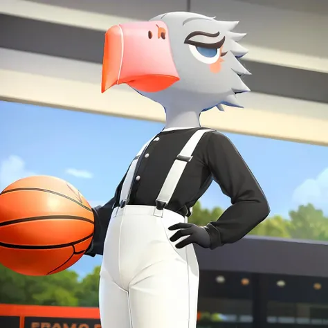 masterpiece, best quality, <lora:aca:1>,furry,chibi,beak,bird,,grey hair,necklace,short hair,split bangs,forehead,(black shirt,long sleeves, grey pants,white suspenders:1.4),(basketball,ball:1.4),